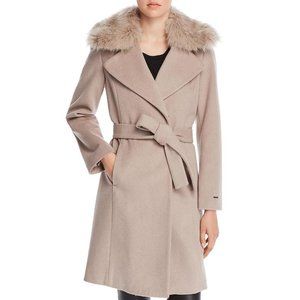 T. Tahari Women's Fiona Wrap Belted Wool Blend Coat Detachable Faux Fur Sz Sm